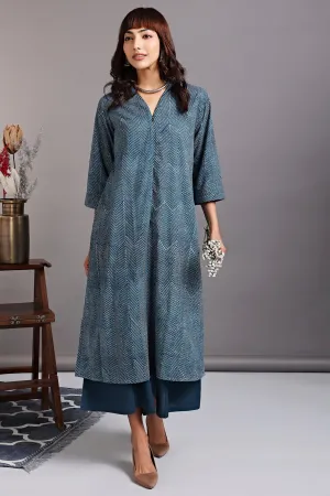 front zipper a-line kurta - azurite sparkles & serene stripes