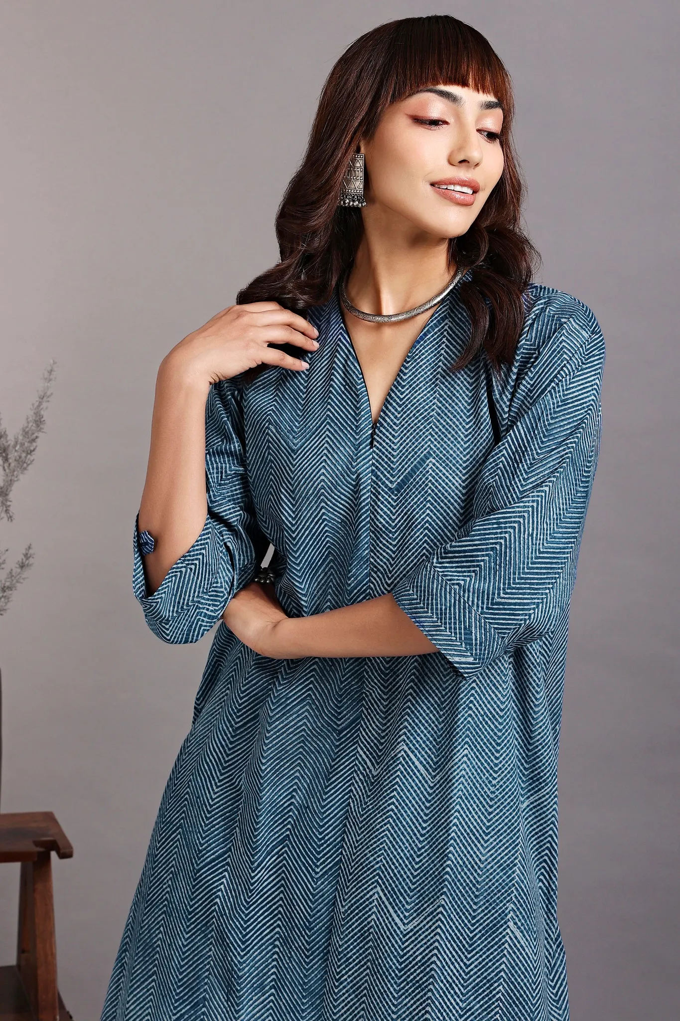 front zipper a-line kurta - azurite sparkles & serene stripes