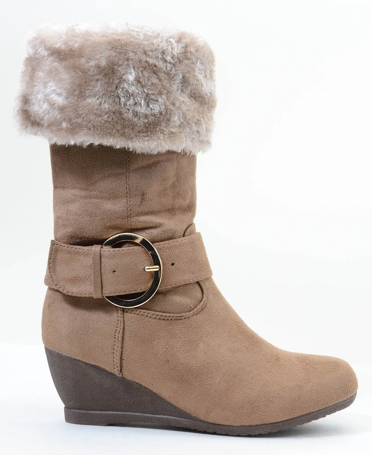 Furry Buckle Wedge Vegan Suede Knee Womens Boots