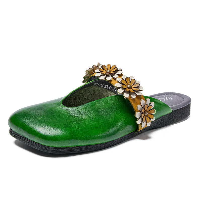 Genuine Leather Flower Accents Casual Slippers