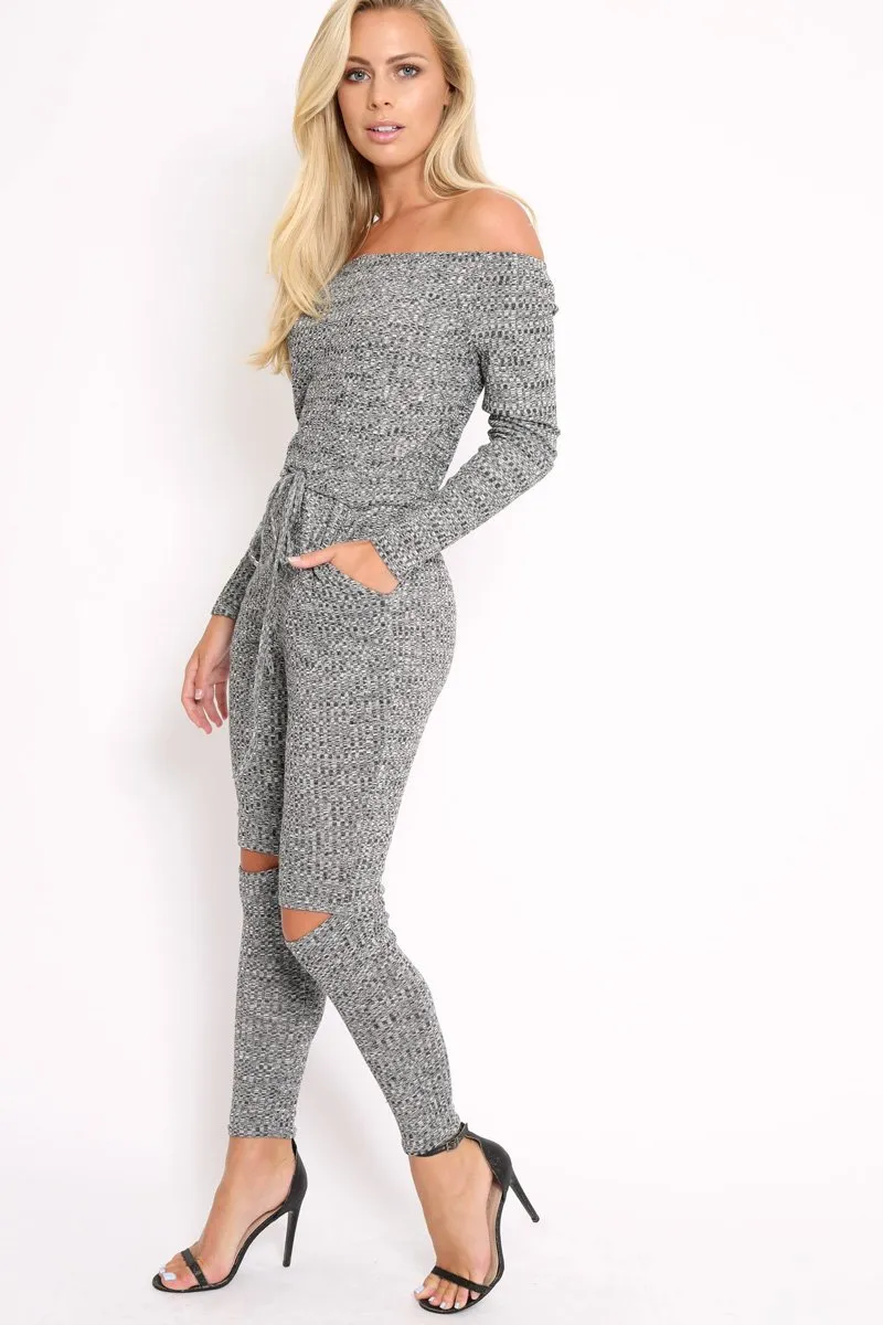 Grey Ribbed Rip Knee Jumpsuit - Chyna