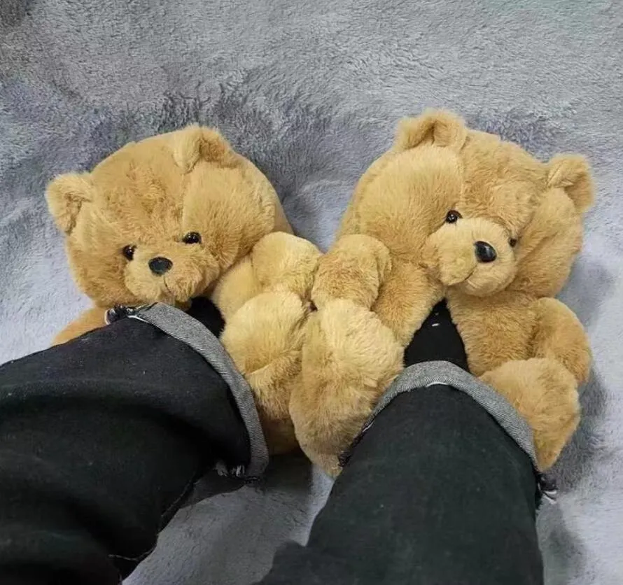 Honey Brown Teddy Bear Plush Slippers