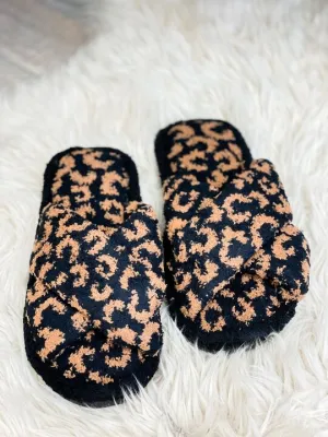 Leopard Criss Cross Fuzzy Slippers - Brown