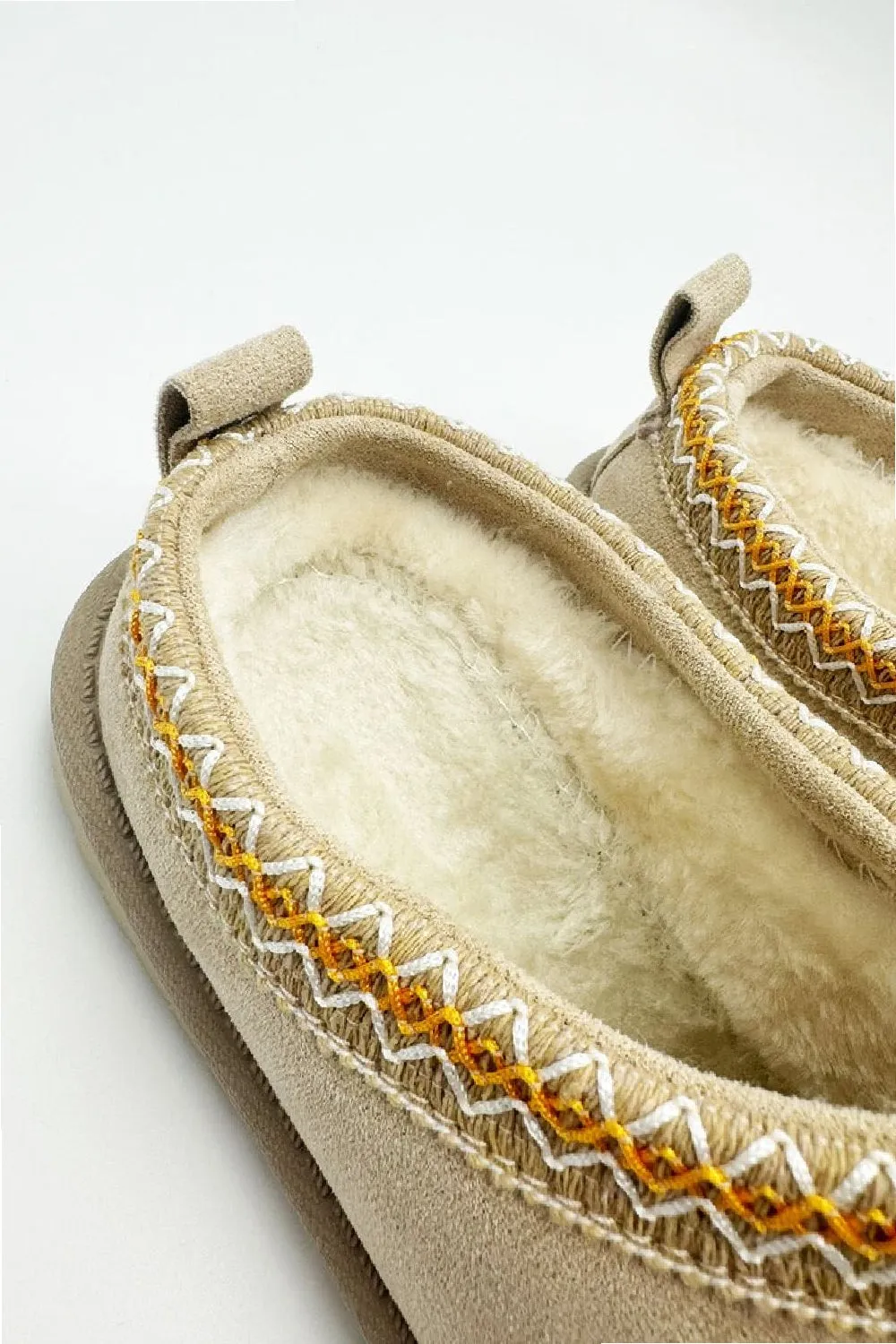 LIGHT BEIGE FAUX SUEDE EMBROIDERED COZY SLIPPER BOOTS