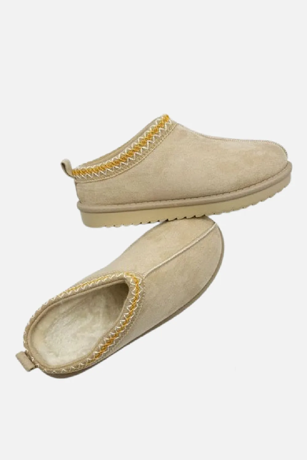 LIGHT BEIGE FAUX SUEDE EMBROIDERED COZY SLIPPER BOOTS