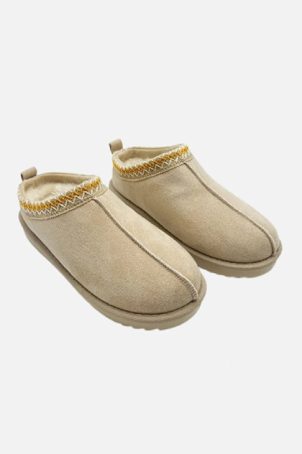 LIGHT BEIGE FAUX SUEDE EMBROIDERED COZY SLIPPER BOOTS