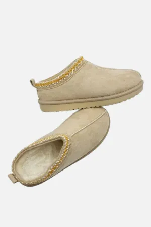 LIGHT BEIGE FAUX SUEDE EMBROIDERED COZY SLIPPER BOOTS