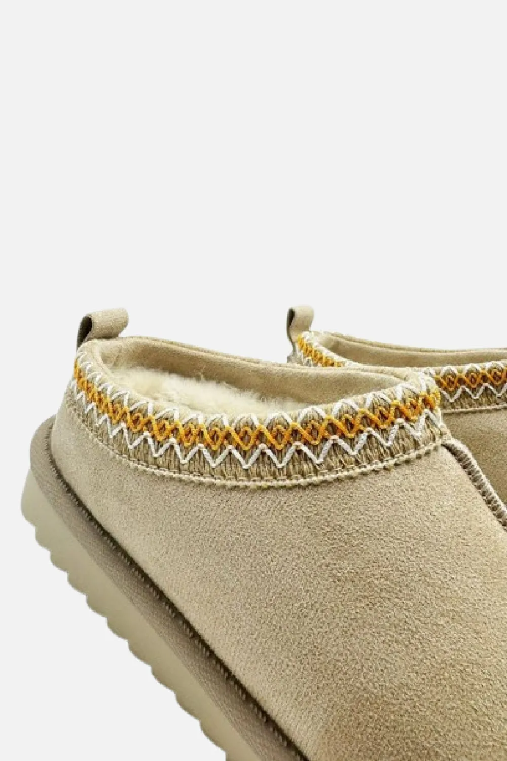 LIGHT BEIGE FAUX SUEDE EMBROIDERED COZY SLIPPER BOOTS