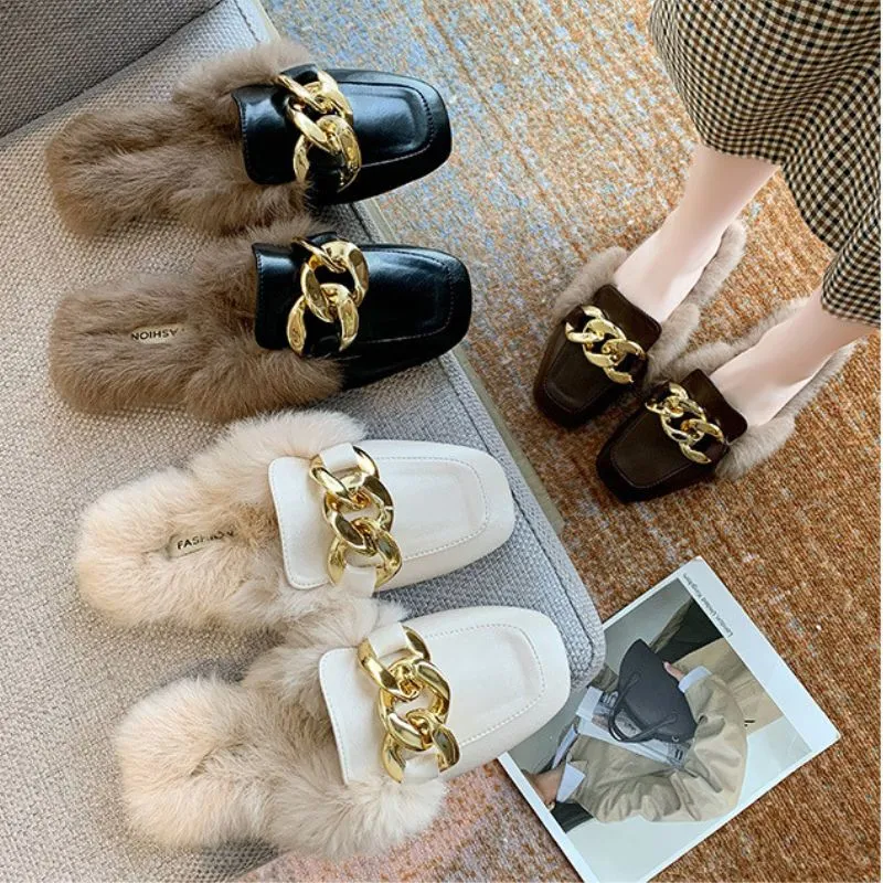 Luxury Golden Chain Fur Lined Ergonomic Design Backless Fluffy Round Toe Orthopedic Insole Winter Mules for Women