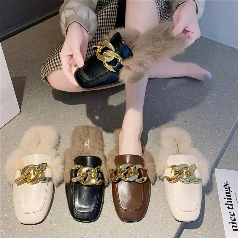 Luxury Golden Chain Fur Lined Ergonomic Design Backless Fluffy Round Toe Orthopedic Insole Winter Mules for Women