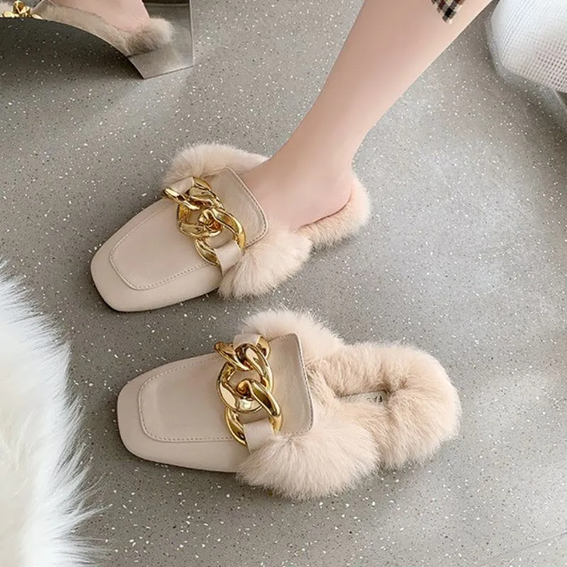 Luxury Golden Chain Fur Lined Ergonomic Design Backless Fluffy Round Toe Orthopedic Insole Winter Mules for Women