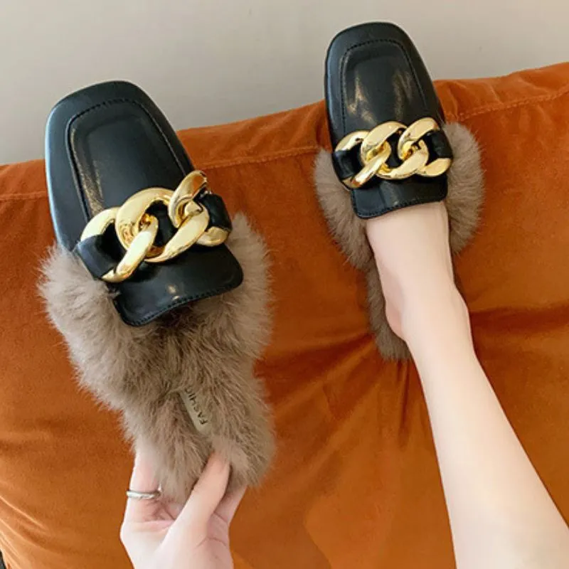 Luxury Golden Chain Fur Lined Ergonomic Design Backless Fluffy Round Toe Orthopedic Insole Winter Mules for Women