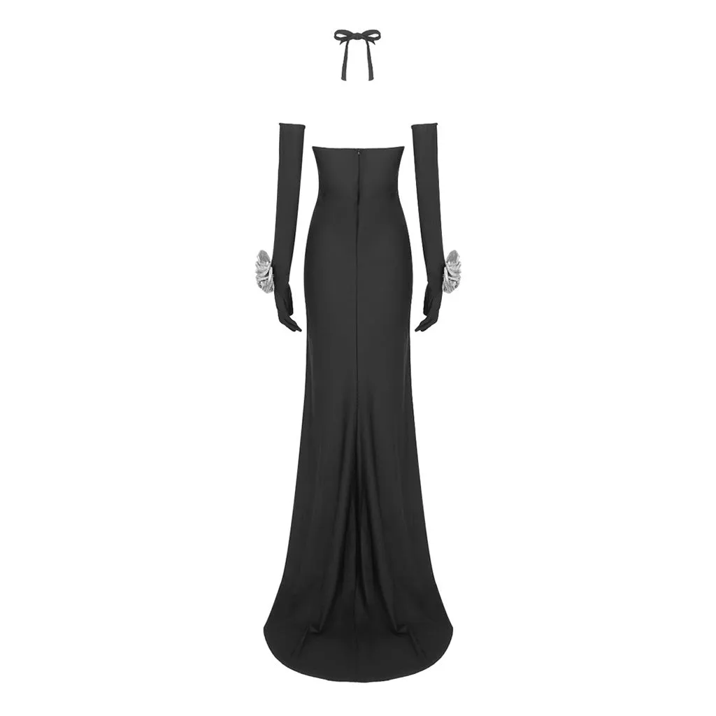 Luxury Rosette Opera Glove Front Slit Long Train Halter Cutout Evening Dress