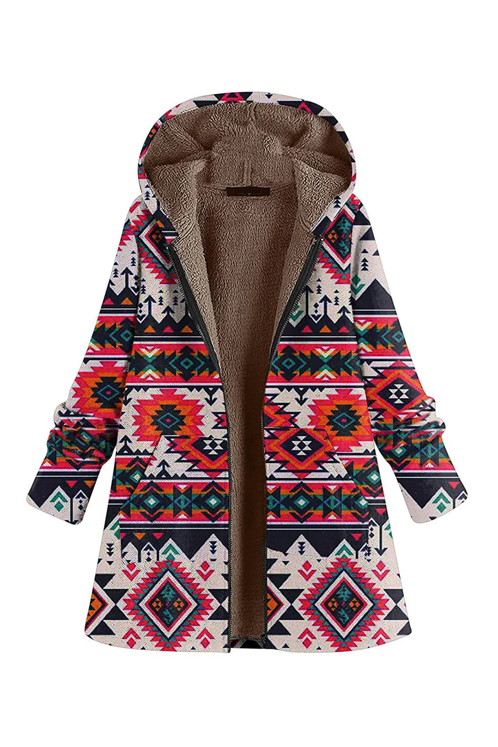 Navy Fleece Hooded Long Sleeves Printed Women Christmas Coat