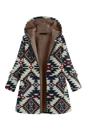 Navy Fleece Hooded Long Sleeves Printed Women Christmas Coat