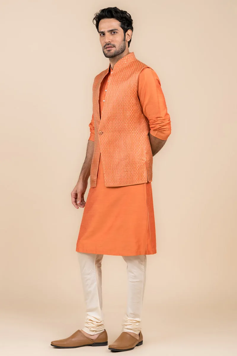 Orange Zari Brocade Kurta Bundi Set