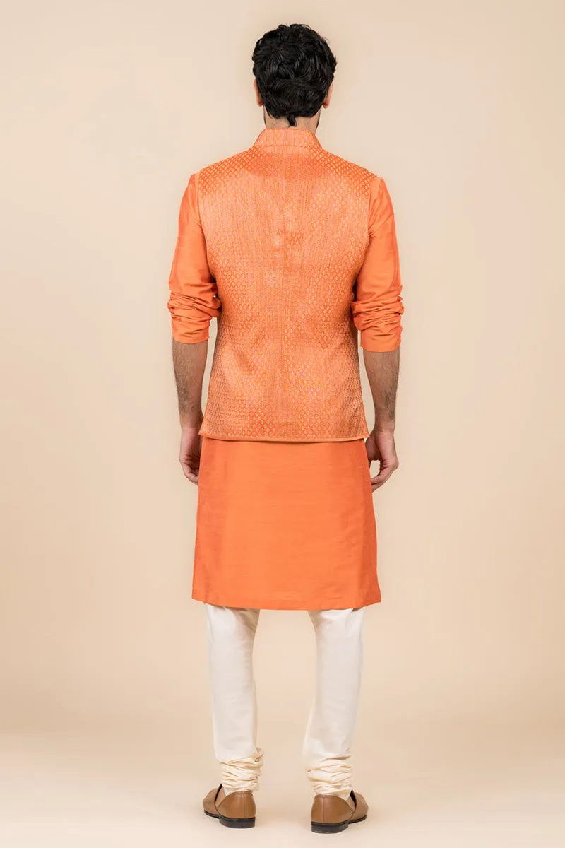 Orange Zari Brocade Kurta Bundi Set