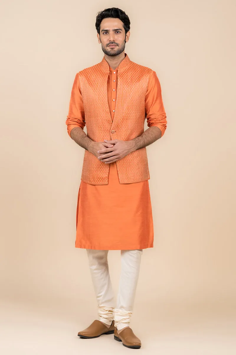 Orange Zari Brocade Kurta Bundi Set