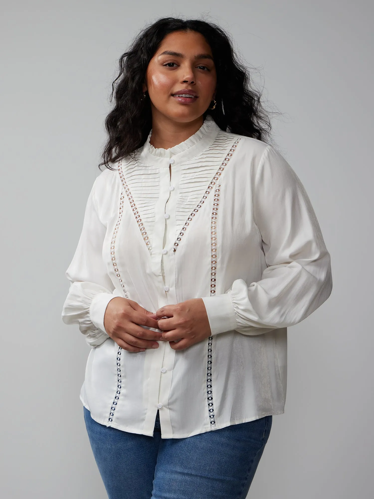 Plus Bishop Sleeve Button-Front Voile Blouse