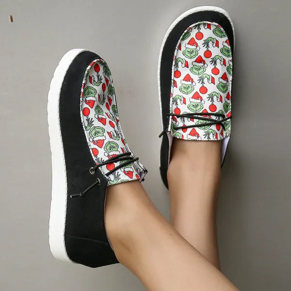 Purpdrank - Black Casual Patchwork Printing Round Comfortable Flats Shoes