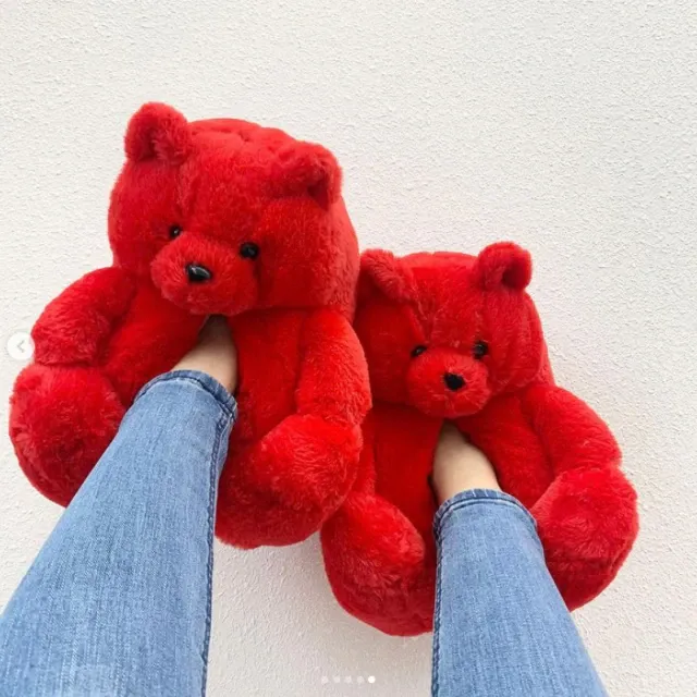 Red Teddy Bear Plush Slippers