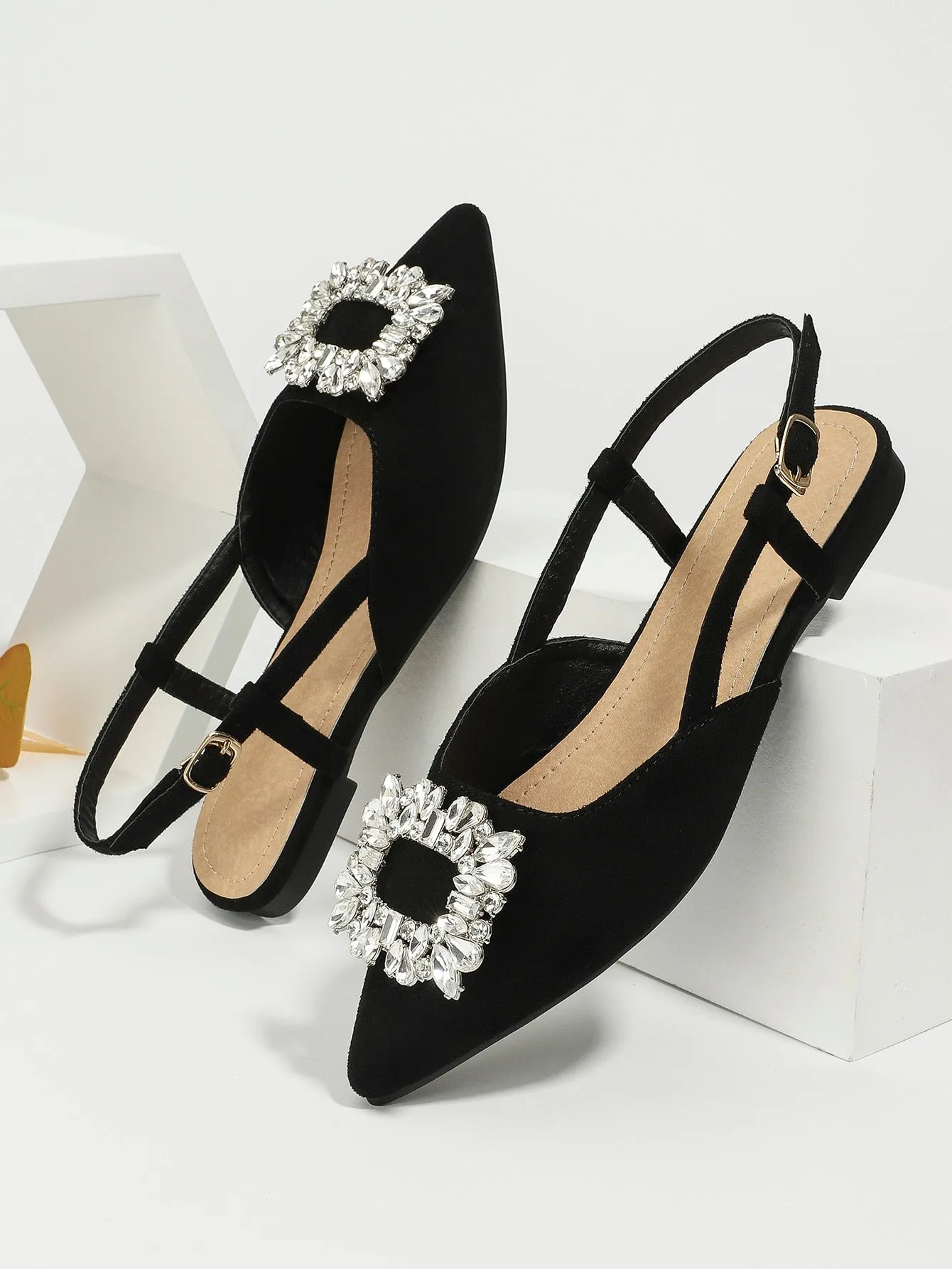 Rhinestone Decor Suedette Slingback Flats