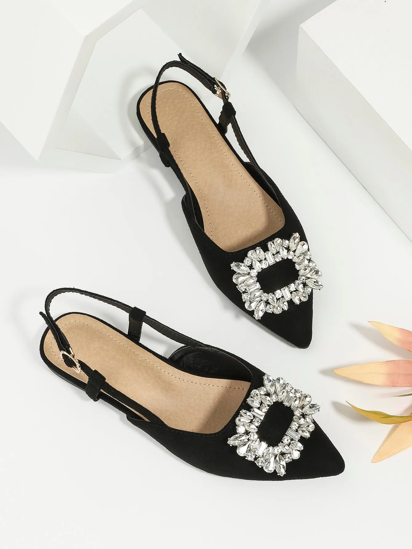 Rhinestone Decor Suedette Slingback Flats