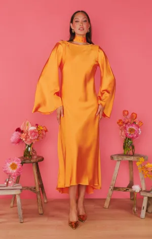 Sarah Midi Dress ~ Tangerine Fluid Satin