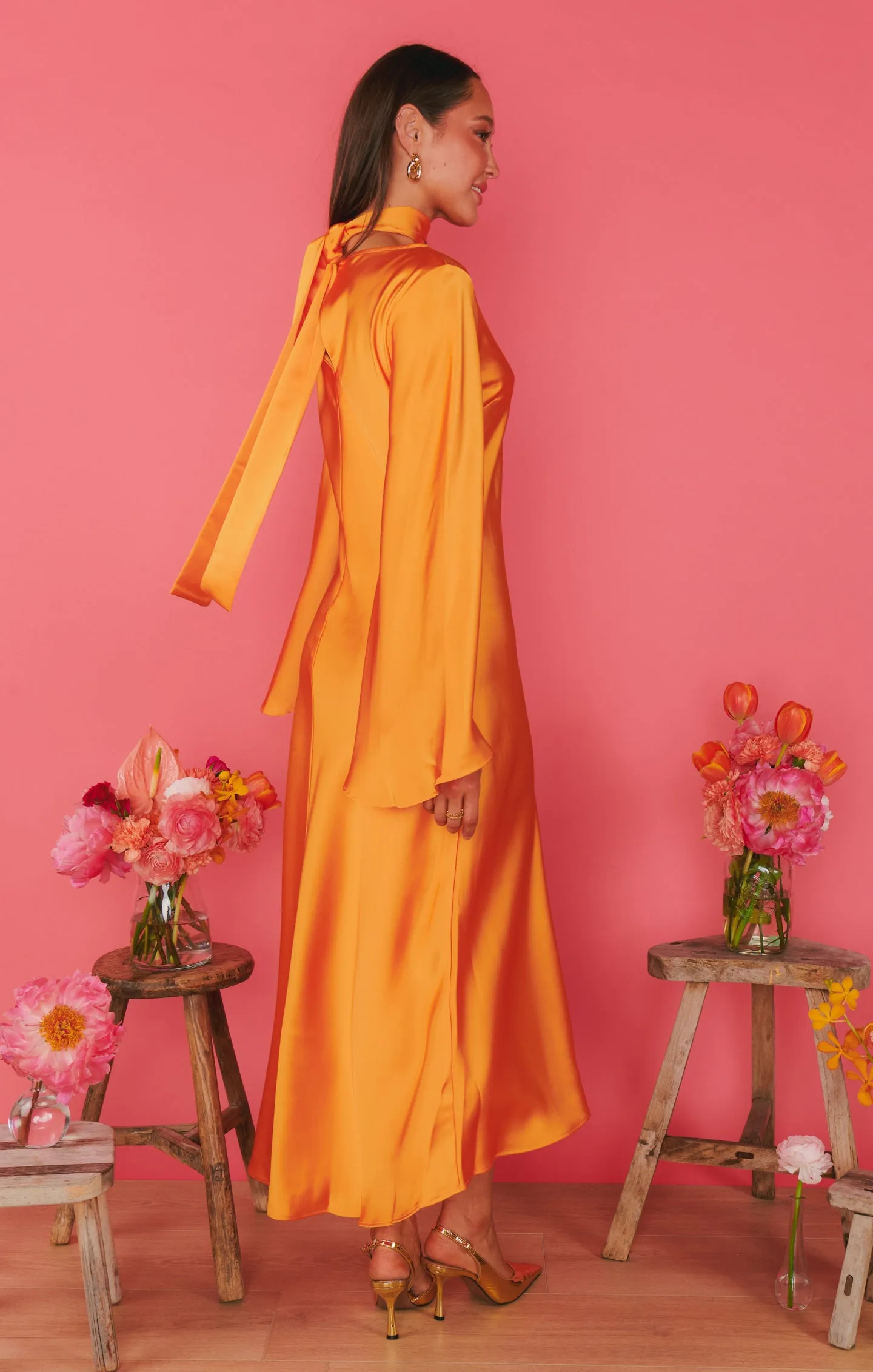 Sarah Midi Dress ~ Tangerine Fluid Satin