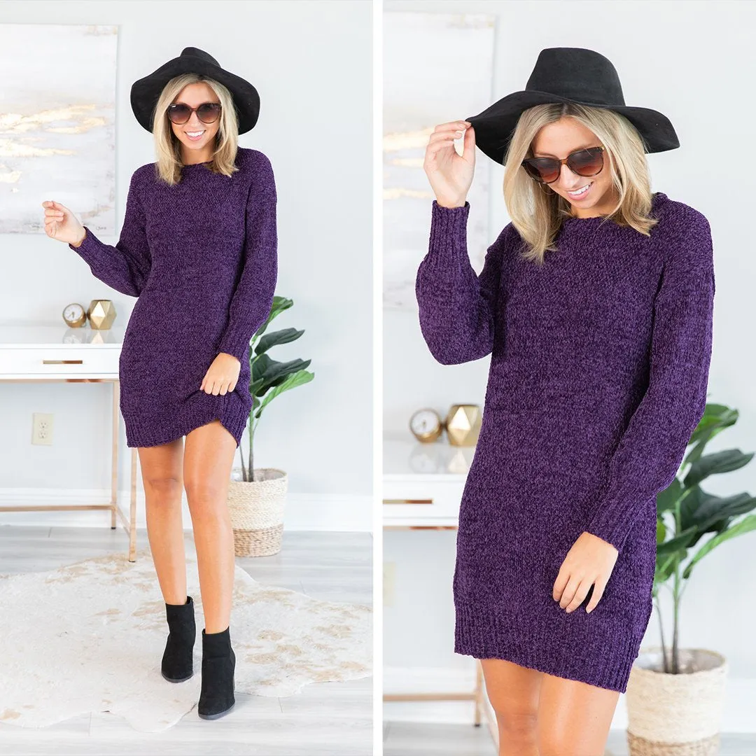 Soft Heart Plum Purple Chenille Sweater Dress