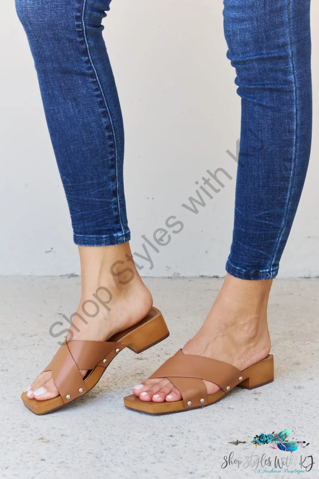 Step Into Summer Criss Cross Wooden Clog Mule in Brown