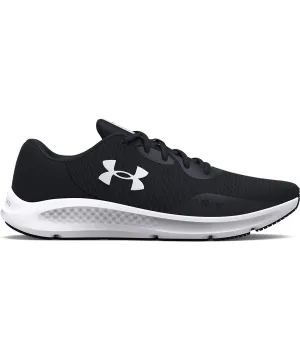 UA womens charged pursuit 3 trainers | Black/Black/White