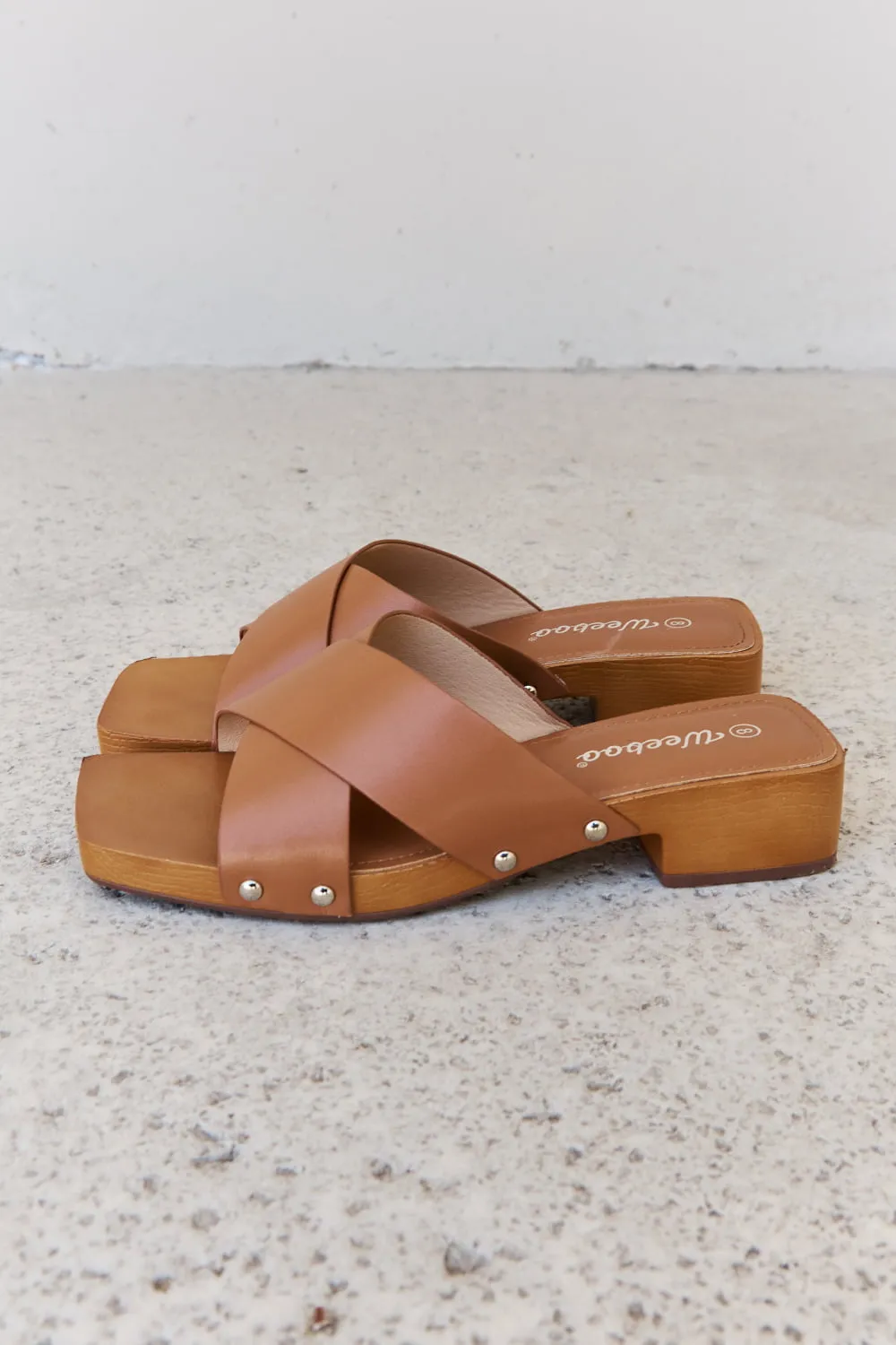 Weeboo Step Into Summer Crisscross Wooden Clog Mule in Brown