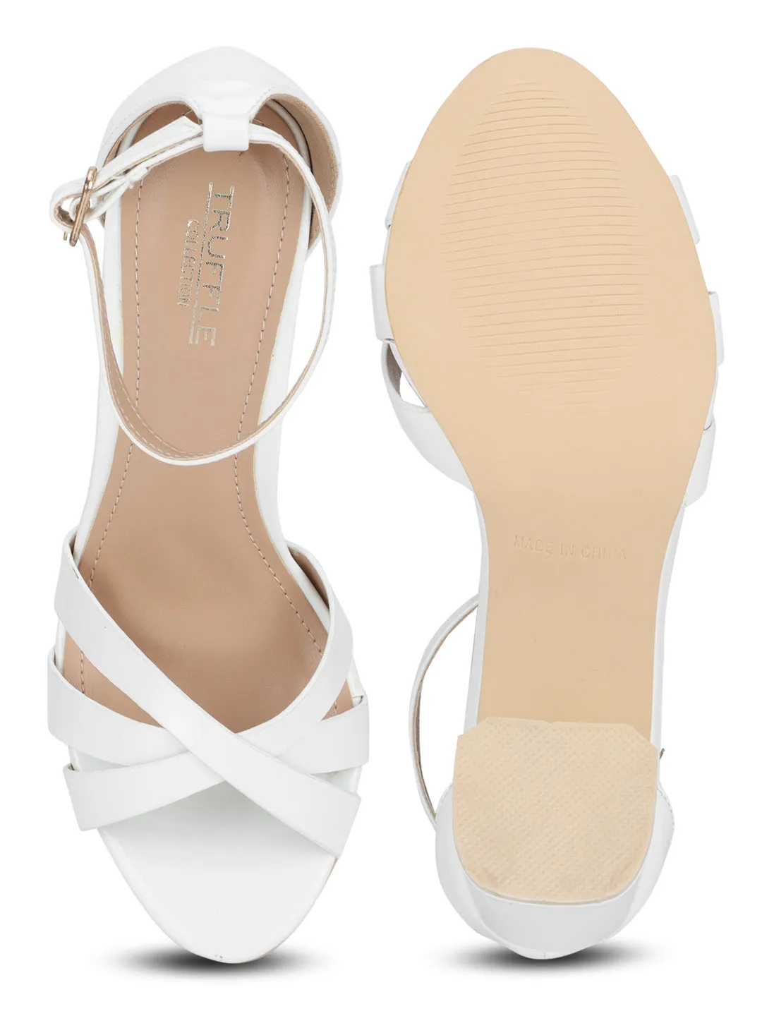 White Patent Crossover Ankle Strap Block Heels