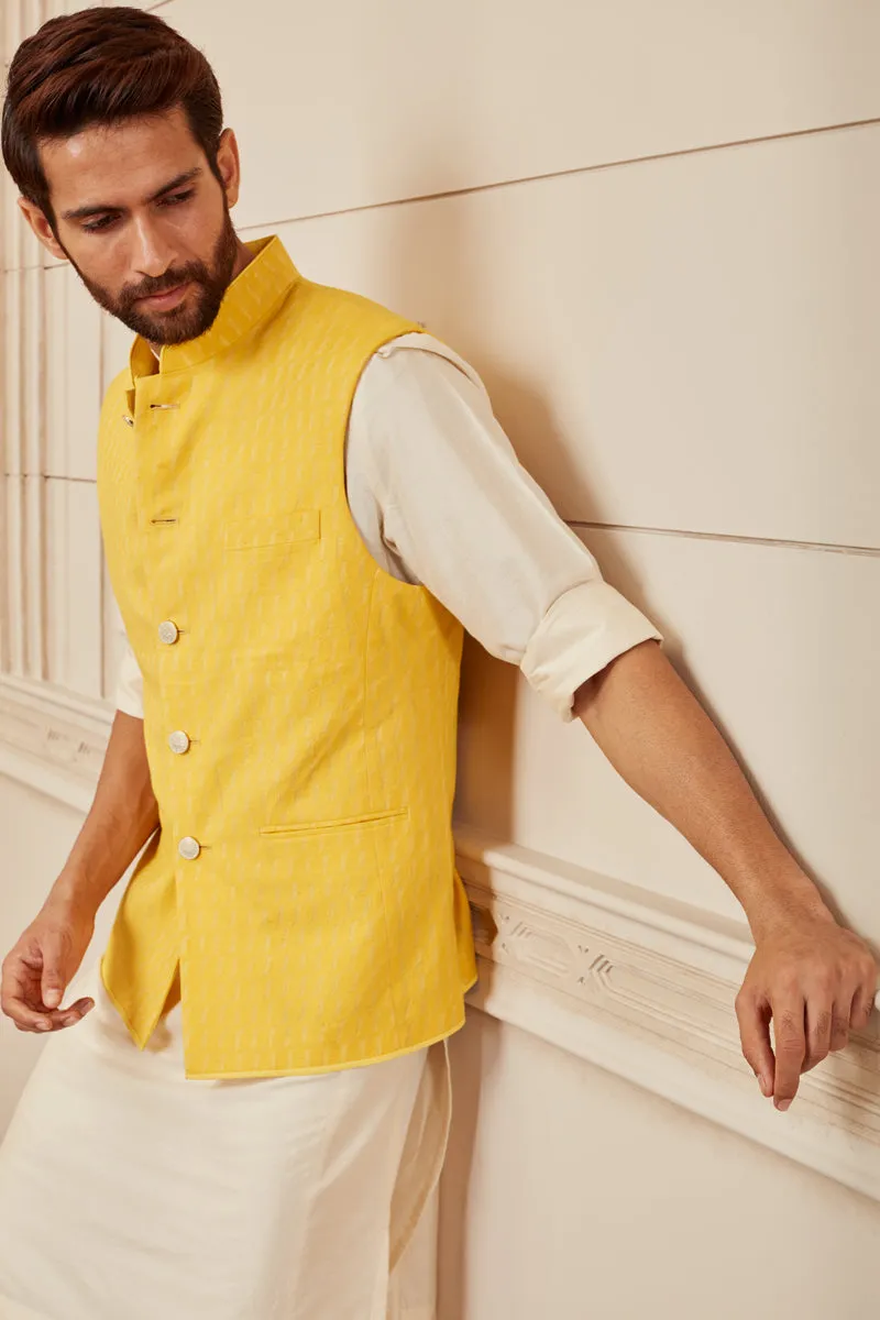 Yellow Cotton Jacquard Bundi With Top Stitch Detailing