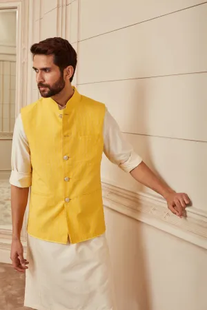 Yellow Cotton Jacquard Bundi With Top Stitch Detailing