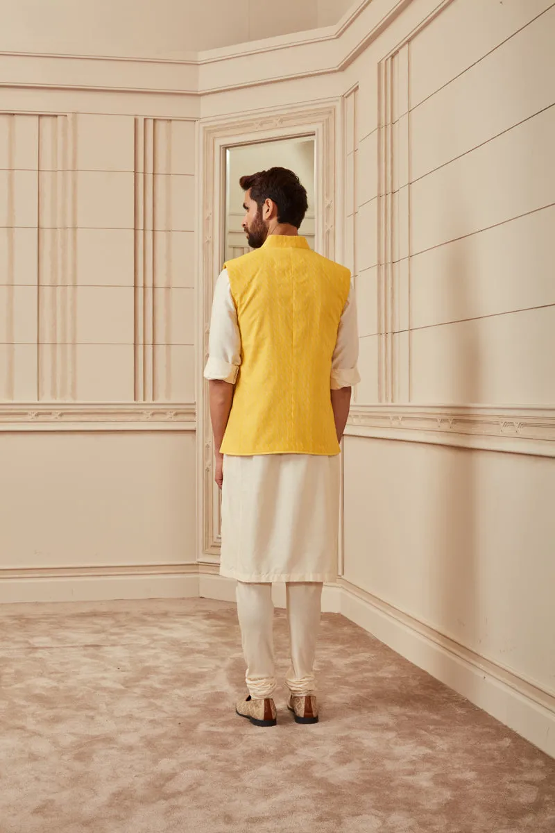 Yellow Cotton Jacquard Bundi With Top Stitch Detailing