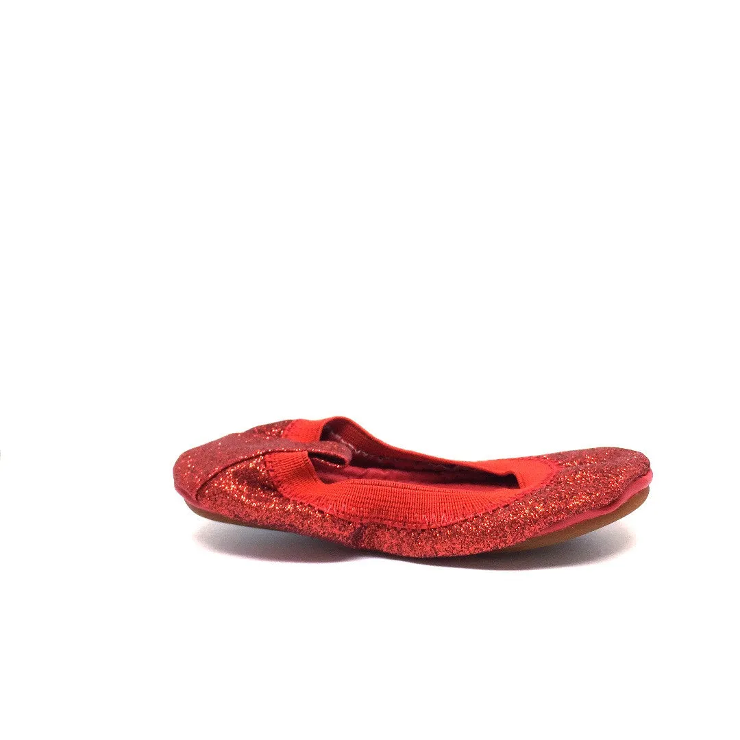 Yosi Samra Girl's Sammie Red Sparkle Leather Elastic Foldable Ballet Flats